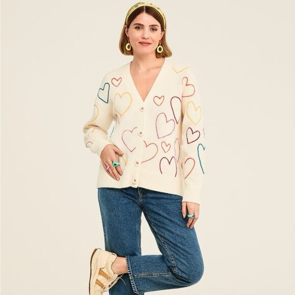 Kerri Rosenthal Anthropologie XOKR Rainbow Heart Embroidered Cardigan size small